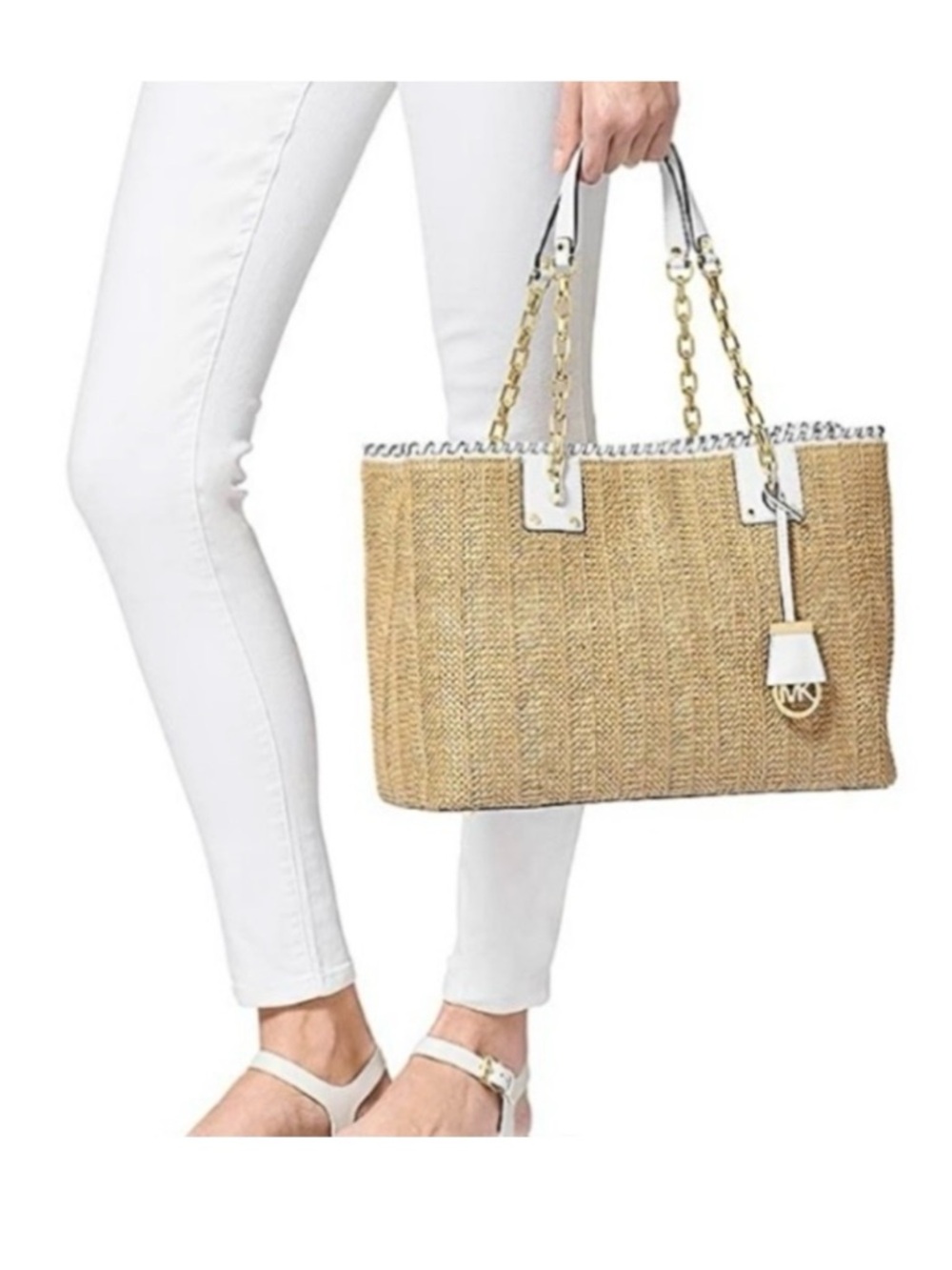Michael Kors Rosalie Natural Straw & Leather Trimmed Tote Bag